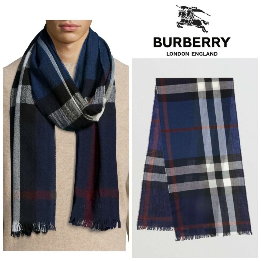 BURBERRY Plaid Check Wool Cashmere Scarf Navy - Picture 1 of 6